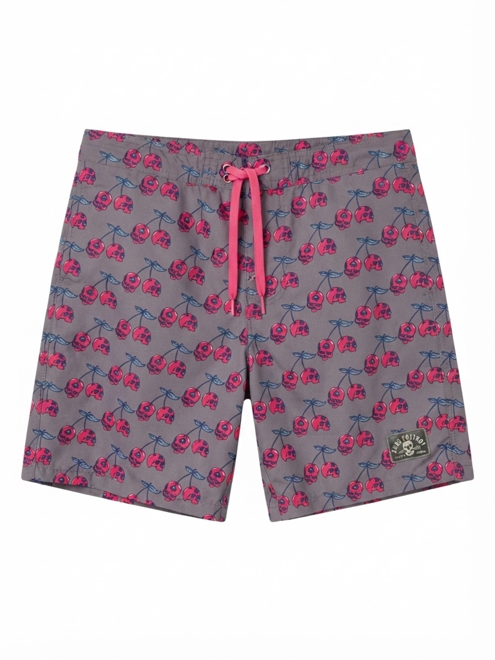 Men's Zero Foxtrot Gray Swim Trunks with Pink Cherry Skull Print
